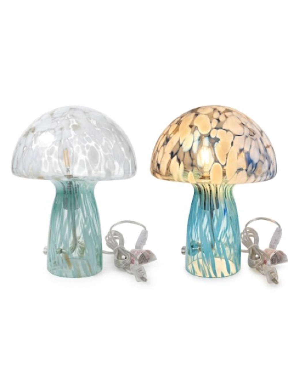Handblown Glass Mushroom Table Lamps in Aqua and Amber